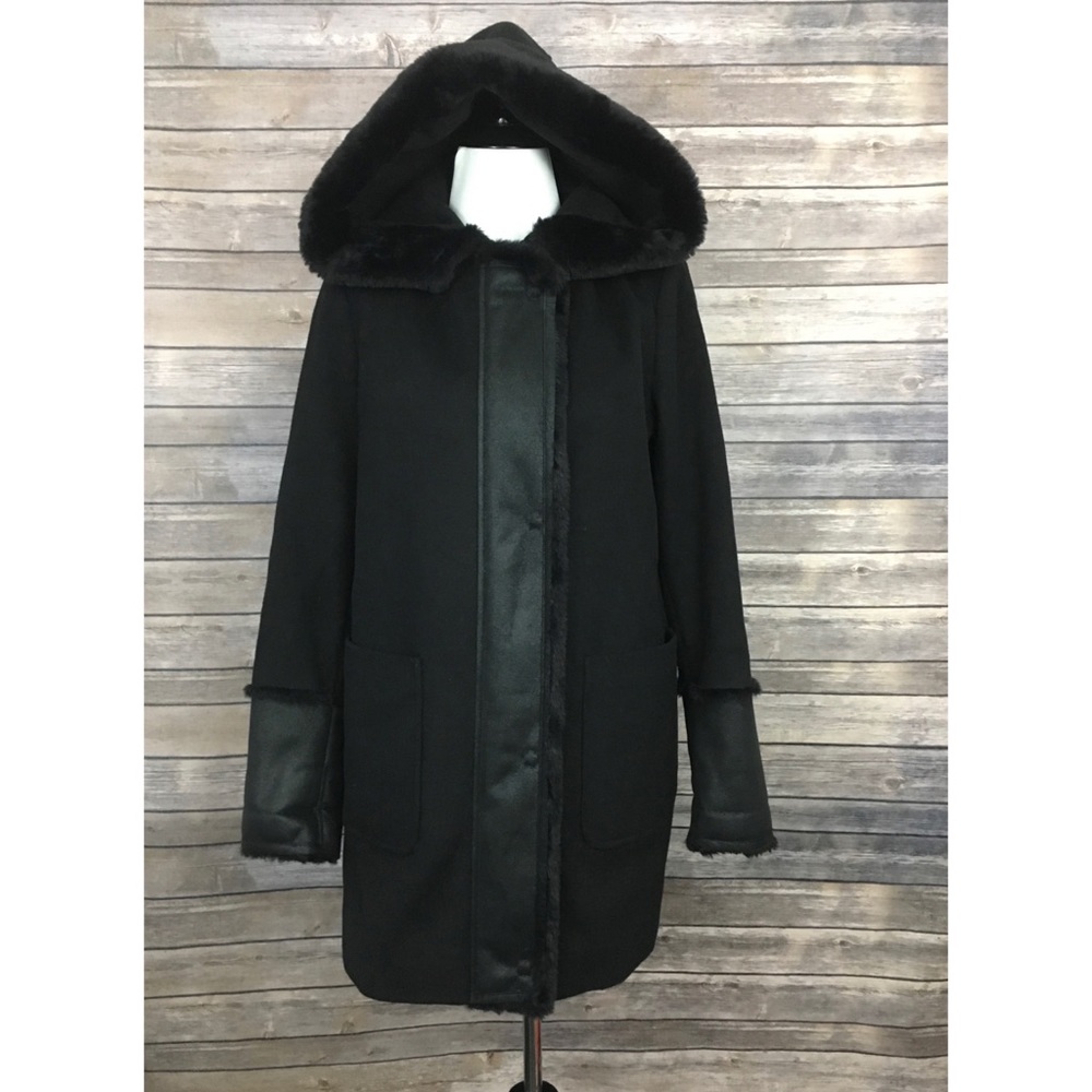 DKNY Hooded Faux Fur Wool Blend Coat - Picture 2 of 8